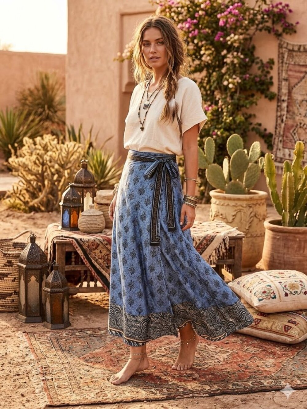 Wevez Women One Size Blue Indian Block Print Silk Wrap Reversable Layered Skirt